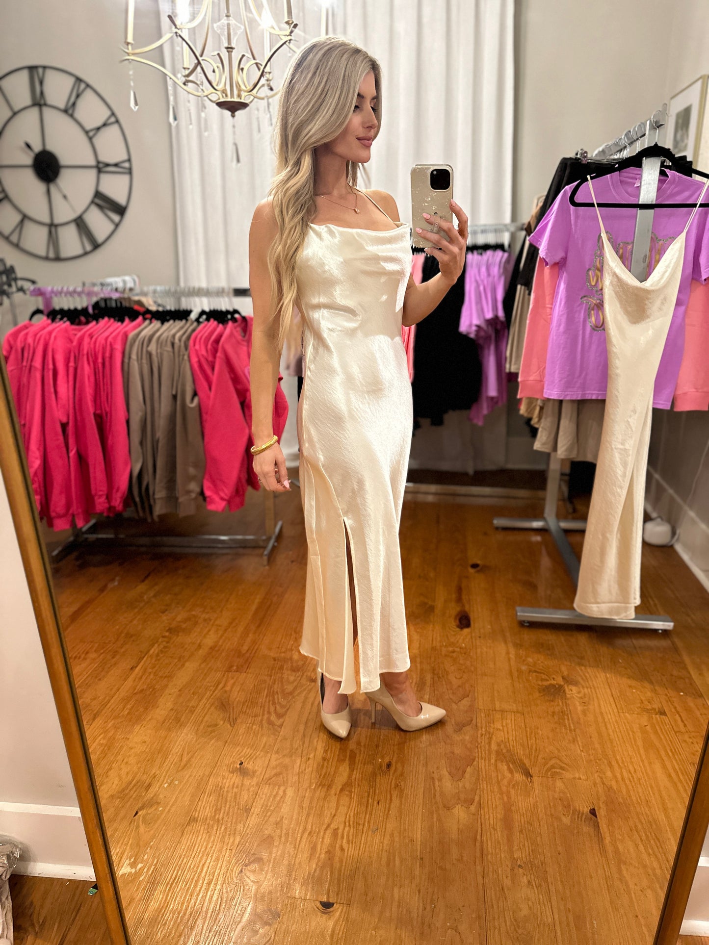 Satin Cowl Neck Midi Slip Dress